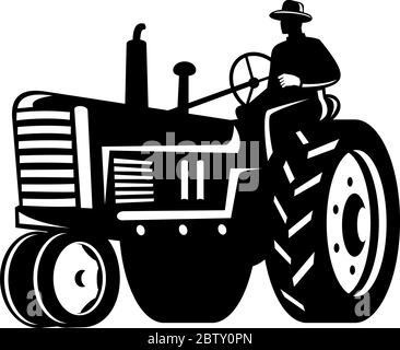 Illustration d'une Silhouette un ouvrier agricole biologique conduisant un tracteur vintage sur un arrière-plan isolé fait dans le style rétro noir et blanc. Illustration de Vecteur