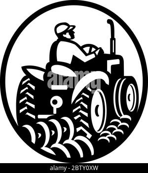 Illustration d'un terrain de labour agricole biologique avec un tracteur d'époque vu de l'arrière à l'intérieur ovale fait dans le style rétro Monochrome sur isolé W Illustration de Vecteur