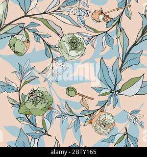 Motif sans couture avec roses et feuilles bleu clair. Illustration vectorielle avec plantes. Couleurs pastel douces. SPE 10 Banque D'Images