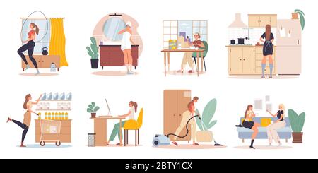 Femme personnage travail récréation scènes de la vie quotidienne Illustration de Vecteur