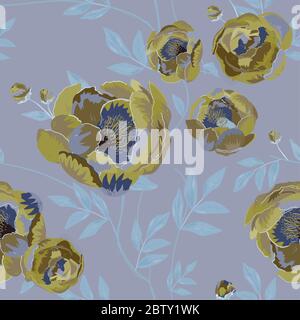 Grands boutons de sauge et fleurs de péonies entourés de feuilles bleues sur fond violet lilas foncé. Motif fleuri sans coutures. Illustration vectorielle avec pla Banque D'Images