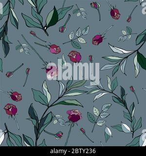 Roses violettes avec feuilles vertes sur fond bleu. Motif vectoriel transparent. Illustration des fleurs de jardin. Couleurs pastel douces. EPS10 Banque D'Images