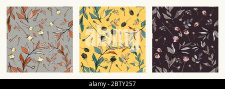 Ensemble de trois fonds avec décoration élégante de roses peintes. Motif vectoriel transparent. Illustration des fleurs de jardin. Banque D'Images