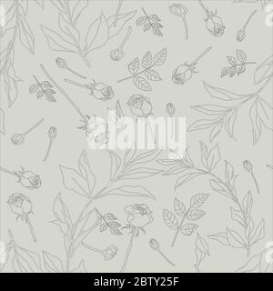 Roses silhouettes avec feuilles sur fond beige-gris. Motif vectoriel transparent. Illustration des fleurs de jardin. Couleurs pastel douces. EPS10 Banque D'Images