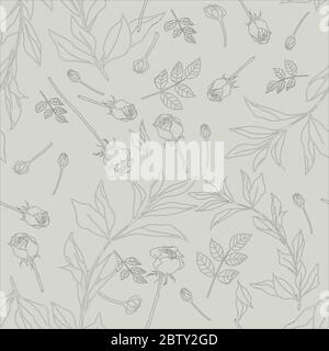 Roses silhouettes avec feuilles sur fond beige-gris. Motif vectoriel transparent. Illustration des fleurs de jardin. Couleurs pastel douces. EPS10 Banque D'Images