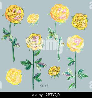 Roses jaunes avec feuilles et tiges vertes sur fond gris. Imitation d'aquarelle. Motif sans couture. Illustration vectorielle. EPS10 Banque D'Images