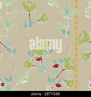 Des brindilles délicates de roses sauvages avec inflorescences, feuilles, pétales et or chaînes verticalement sur un fond vert chartreuse. Motif fleuri sans coutures. Banque D'Images