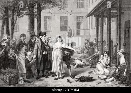 Le Dr Philippe Pinel ordonnant le retrait de chaînes de patients à l'asile de femmes aliénées à Paris, XVIIIe siècle Banque D'Images