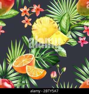 Motif tropical sans coutures aquarelle. Ananas, orange, mangue. Fruits exotiques et feuilles de palmier sur fond gris foncé. Illustration botanique pour Banque D'Images