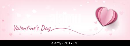 Happy Valentine's Day décoration design avec coeur rose style coupé en papier, fond horizontal peut être utilisé pour le papier peint, invitation, affiches, bannière Illustration de Vecteur
