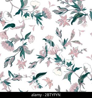 Décoration florale rose délicate de branches, feuilles et inflorescences sur fond blanc. Motif sans couture. Illustration vectorielle dessinée à la main. Banque D'Images