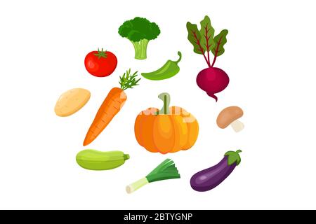 Icônes de légumes vectoriels définies dans un style de dessin animé. Illustration de Vecteur