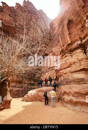 Randonneurs dans la gorge de Khazali, désert de Wadi Rum, Aqaba, Jordanie Banque D'Images