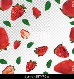 Fond fraise. Fraise volante avec feuille verte sur fond transparent. Des fruits réalistes en 3D. Les fraises qui tombent sont entières et coupées en deux. Illustration vectorielle. Illustration vectorielle Illustration de Vecteur
