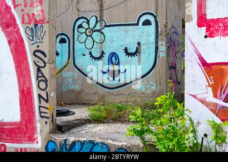 Graffiti coloré de visage de chat sur le mur de chantier abandonné à Sofia Bulgarie, Europe de l'est, Balkans, UE Banque D'Images