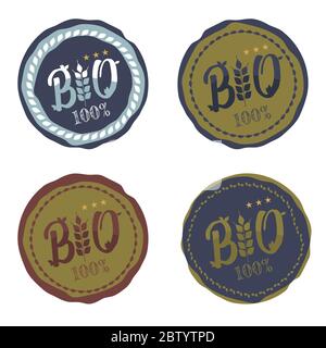 Lot de 4 badges ou étiquettes de logo bio ou alimentaire de couleur verte sur fond blanc Illustration de Vecteur