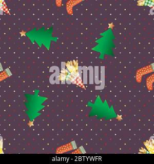 Arrière-plan sans couture à motif vectoriel de noix d'amande. Mélange de confiseries dorées grillées dans des sacs de Vichy, des arbres festifs, des bas sur des confetti mauve Illustration de Vecteur