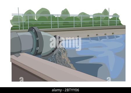 Usine de traitement des eaux usées. Eaux usées libérées par les usines industrielles. Pollution de l'environnement. Tuyau avec boue qui s'inverse dans l'eau. Vecteur de brut Illustration de Vecteur