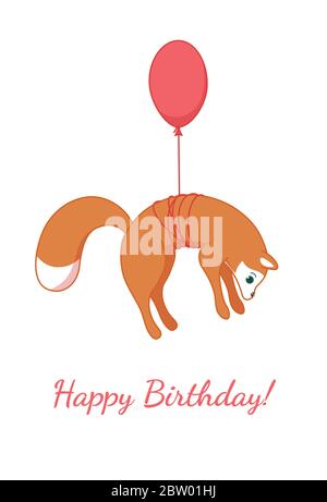 Renard roux volant sur le ballon. Carte d'anniversaire. Illustration vectorielle dans un joli style de dessin animé Illustration de Vecteur