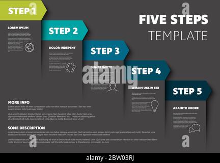 Un deux trois quatre cinq - vecteur bleu foncé vert modèle d'étapes de progression avec descriptions et icônes Illustration de Vecteur