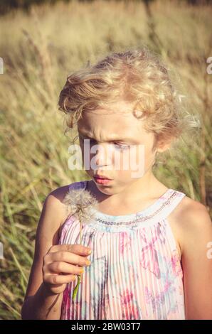 jolie fille avec cheveux blonds soufflant énorme fleur de pissenlit blanc Banque D'Images