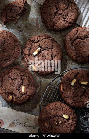 Biscuits au chocolat noir avec trois pépites de chocolat Banque D'Images
