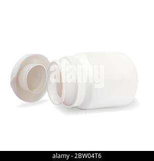 Flacon ouvert en plastique blanc réaliste pour pilules. Modèle de maquette. Illustration vectorielle d'un petit pot isolé sur fond blanc. Illustration de Vecteur
