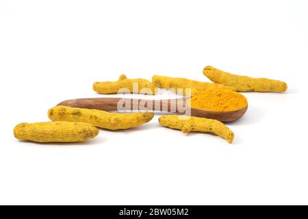 Poudre curcuma et racines Banque D'Images