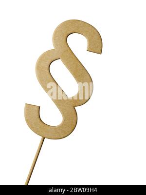 Panneau de section en bois marron sur bâton de bois isolé sur fond blanc, droit, justice ou concept juridique, illustration 3D Banque D'Images