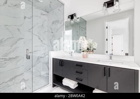 Une belle salle de bains avec meuble-lavabo sombre et comptoir en granit blanc. Une plante et des serviettes sont assises sur la coiffeuse. La douche est bordée de carreaux de marbre. Banque D'Images