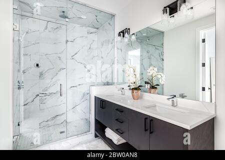 Une belle salle de bains avec meuble-lavabo sombre et comptoir en granit blanc. Une plante et des serviettes sont assises sur la coiffeuse. La douche est bordée de carreaux de marbre. Banque D'Images