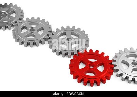 Rangée d'engrenages à roue dentée en métal avec roue centrale rouge sur fond blanc, illustration 3D, travail d'équipe, connexion ou concept abstrait de communication Banque D'Images