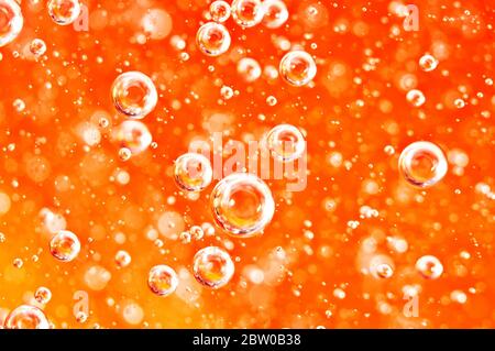 Macro bulles d'oxygène dans le sang. Liquide rouge-orange. Banque D'Images