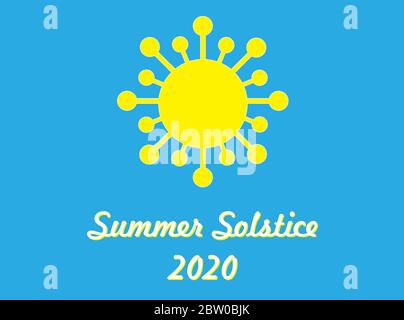 Solstice d'été 2020 carte de voeux triste ironique avec le coronavirus Covid 19 au lieu du soleil. Jaune sur fond bleu Illustration de Vecteur