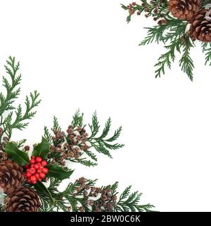 Bordure florale d'hiver naturelle avec houx, cyprès de cèdre et cônes de pin sur fond blanc. Verdure traditionnelle pour Noël et nouvel an. Banque D'Images