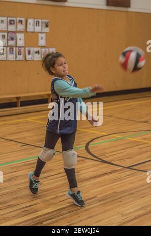 Filles volley-ball, 8 à 10 ans, service. Banque D'Images