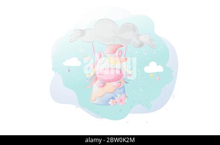 Mignon Unicorn cheval mouche ob ballons nuage aquarelle peinture.Creative simple couleur faune animal dessiné à la main style.cartoon enfant pastel.personnage enfant Illustration de Vecteur