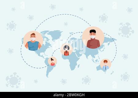 Des gens du monde entier portent des masques pour protéger la pandémie de coronavirus Covid-19 vecteur dessin animé plat. Virus propagé dans le monde. Restez à la maison, réseaux sociaux pendant la quarantaine. Illustration de Vecteur