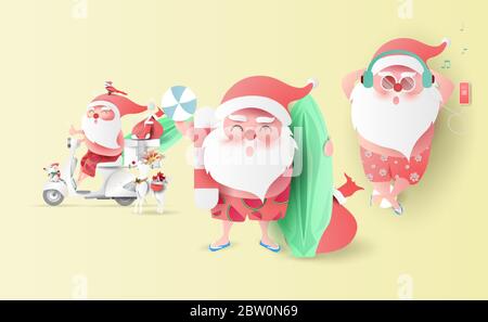 Été Père Noël Noël jour de Noël juillet en short sourire sur la plage.Service de livraison mignon personnage de dessin animé pour Noël conception isolée sur fond.Creative Illustration de Vecteur