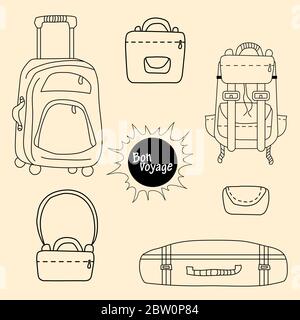 Voyage pour les voyages et la ville. Différents types de valises sur roues, une fermée, un sac à dos, de petits sacs pour femmes, un sac à main, un sac à cosmétiques Illustration de Vecteur