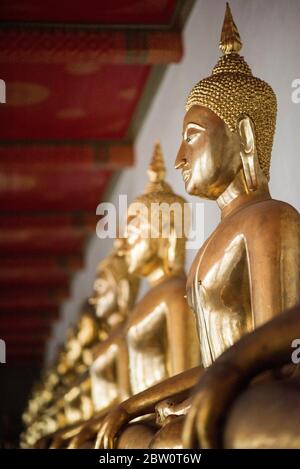 Rangée de statues de Bouddha d'or au temple Wat Pho, Bangkok, Thaïlande. Banque D'Images