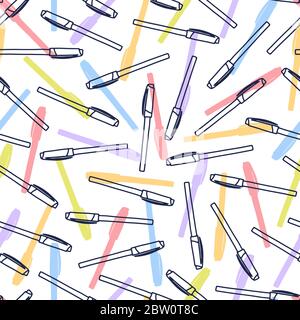 Motif de stylos colorés dans un style de dessin animé. Texture sans couture avec des stylos. Eléments vectoriels Doodle. Retour à l'école. Esquisse dessinée à la main. Illustration de Vecteur