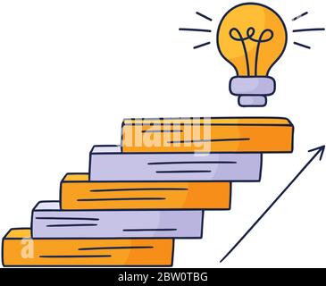 Se place jusqu'à l'ampoule. Illustration de la Doodle vectorielle dessinée à la main avec des marches ou des escaliers sur lesquels est une icône de l'idée d'ampoule. Le chemin vers la réussite a Illustration de Vecteur
