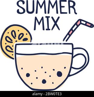 Concept Summer mix. Tasse à thé avec citron et lait bulles, dessin animé de dessin animé de style Doodle Illustration de Vecteur