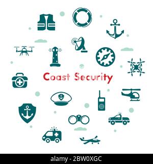 Icônes de sécurité côtière Illustration de Vecteur