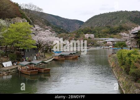 Vue sur la belle rivière Katsura à Kyoto au printemps Banque D'Images