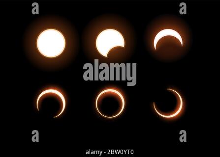 Vecteur obscurité totale et partielle éclipse solaire, plusieurs phases. Arrière-plan noir - illustration isolée Illustration de Vecteur