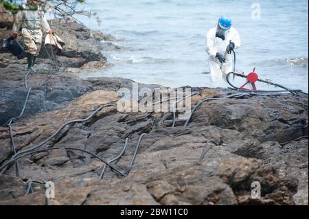 Les travailleurs et les bénévoles pulvérisent des produits chimiques sur du pétrole brut contaminé sur la plage. Banque D'Images