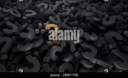 Pile de symboles de point d'interrogation noir, sur fond doré - rendu 3D Banque D'Images