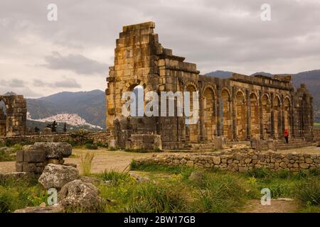 Impressionnantes ruines romaines de Volubilis, une ville berbère en partie excavée près de Meknes, site classé au patrimoine mondial de l'UNESCO Banque D'Images